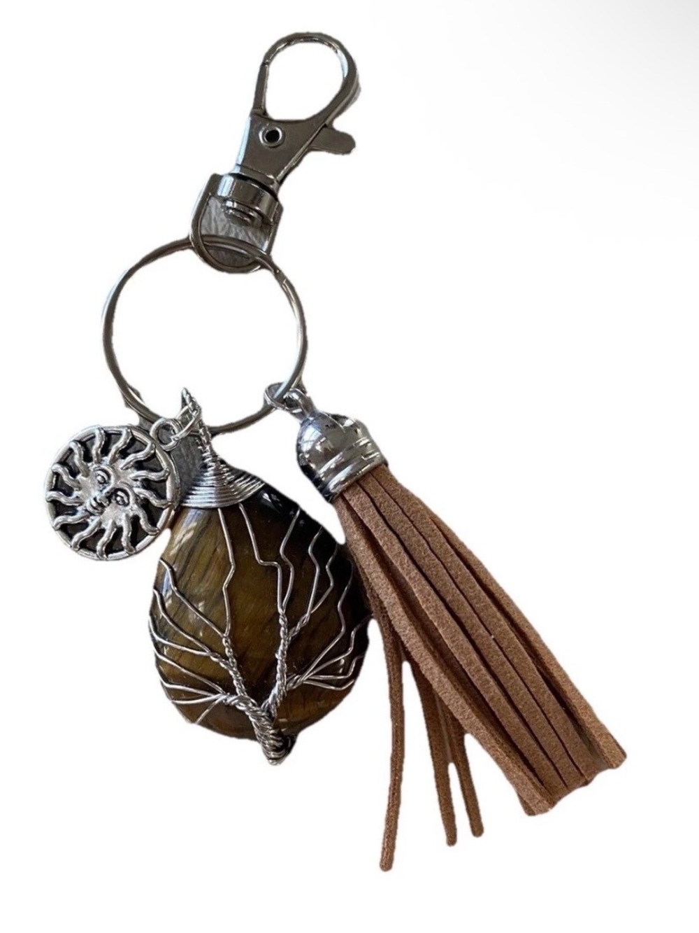 Key Chain Stone Tiger Eye Silver Tone Leather Tassel